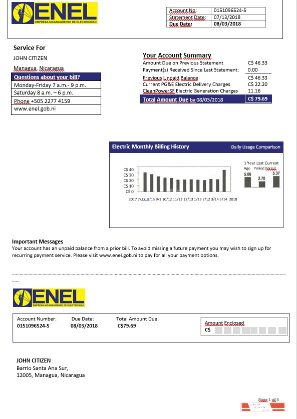 Nicaragua Nicaraguan Electricity Company ENEL electricity bill template in Word format